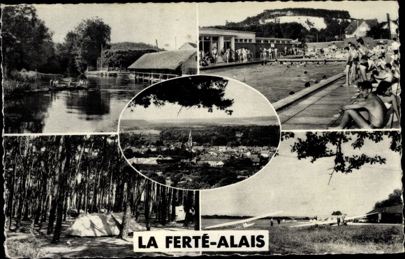 Ak La Ferté Alais Essonne, Schwimmbad, Ruderpartie, Zeltplatz, Flugzeuge