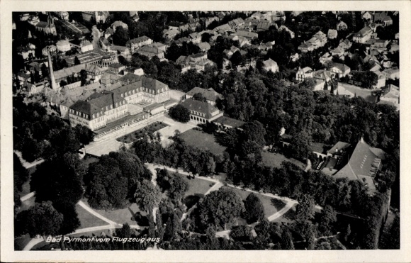 Postcard Bad Pyrmont in Lower Saxony, aerial photograph, spa buildings, green areas