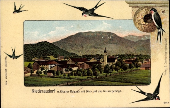 Chromo-Litho Niederaudorf Oberaudorf in Upper Bavaria, long shot with Reisach Monastery and Kaiser Mountains, swallows