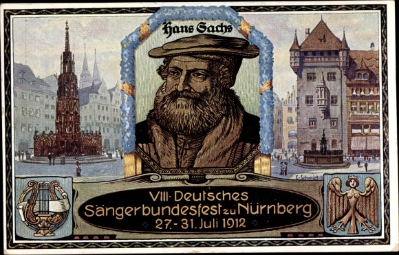Coat of arms postal stationery artist PC Schmidt, C, Nuremberg, 8th German National Singers Festival 1912, portrait of Hans Sachs