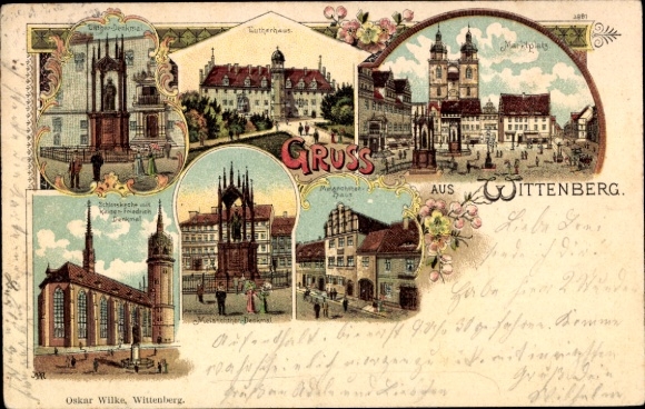 Chromo-Litho Lutherstadt Wittenberg, Luther House, Market Square, Monument, Castle Church, Melanchthon House