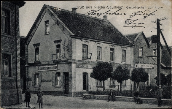 Postcard Nieder Saulheim in Rheinhessen, inn to the crown