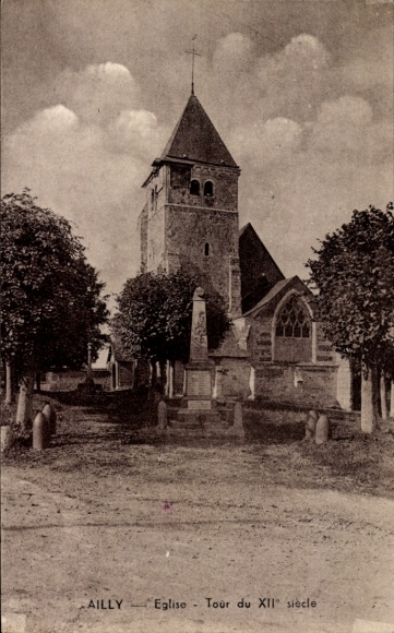 Ak Ailly sur Noye Somme, Eglise, Tour du XII siècle, Bild von Kirche, Bäume, Weg