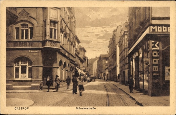 Ansichtkaart Castrop Rauxel in het Ruhrgebied, Münsterstrasse, kapper, meubelwinkel