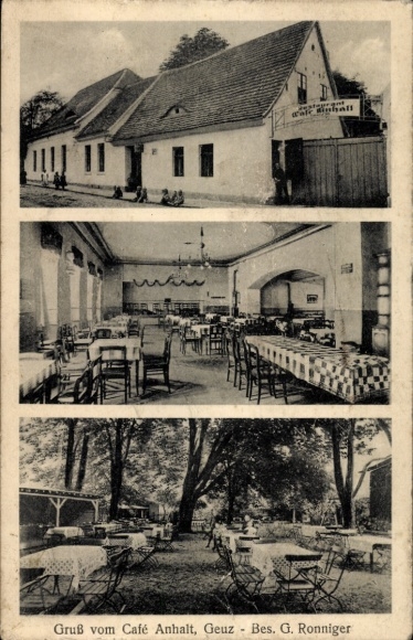 Ak Geuz Köthen in Anhalt, Café Anhalt, Restaurant, Tische im Freien, Innenansicht, G. Ronniger