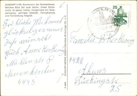 Postcard couple in motorboat, advertising Zündapp 5 HP boat engine of the highest class