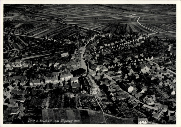 Postcard Forst (near Bruchsal) in Baden, aerial view of Forst with houses, fields