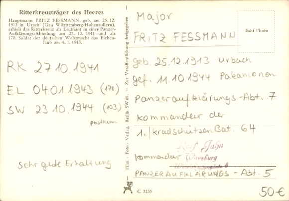 Postcard Knight's Cross recipient Captain Fritz Fessmann, Oak Leaves, Panzer Troops, Panzer Reconnaissance Detachment.