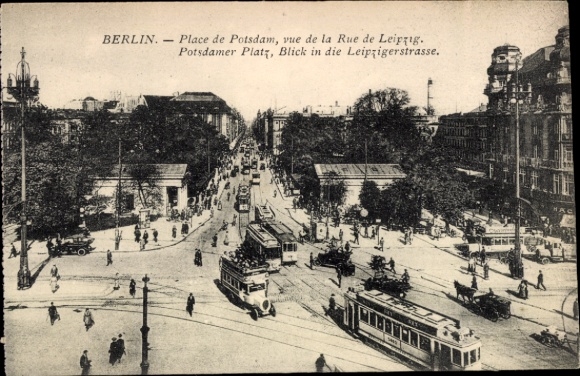 Ak Berlin Tiergarten, Potsdamer Platz, Leipzigerstraße, Straßenbahnen