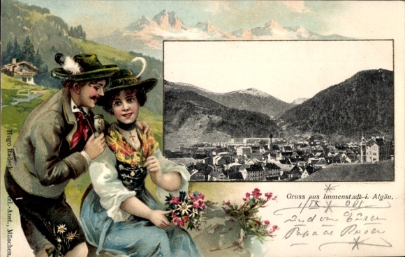 Embossed Postcard Immenstadt im Allgäu Swabia, view of the town, Bavarian costumes