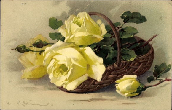 Artist Chromo-Litho Klein, Catharina, Yellow Roses, Korb, Meissner &amp; Buch 1934