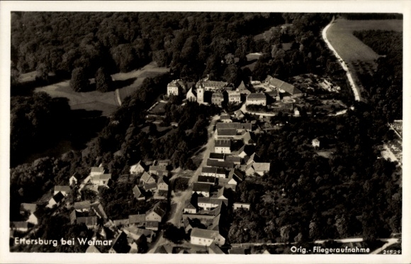 Postcard Ettersburg in Thuringia, aerial view of Ettersburg, castle, houses, forest