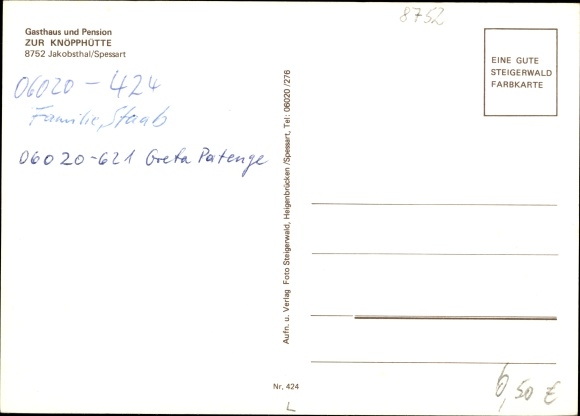 Postcard Jakobsthal Heigenbrücken in the Spessart of Lower Franconia, Gasthof Zur Knöpphütte