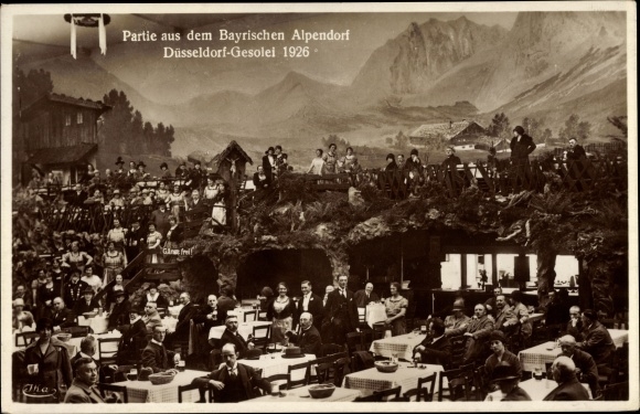 Ansichtkaart Düsseldorf am Rhein, GeSoLei 1926, kavel uit het Beierse Alpendorp