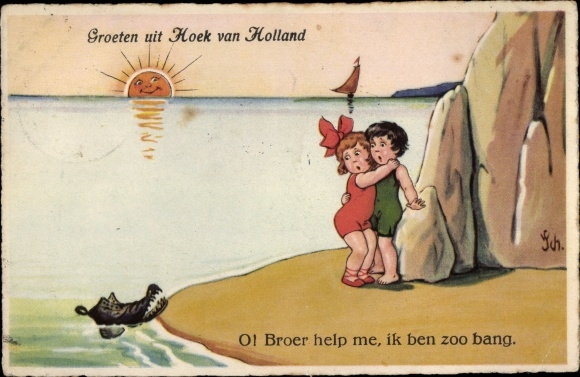 Artist Postcard Scheuermann, Willi, Hoek van Holland, girls on the beach are afraid of crocodile