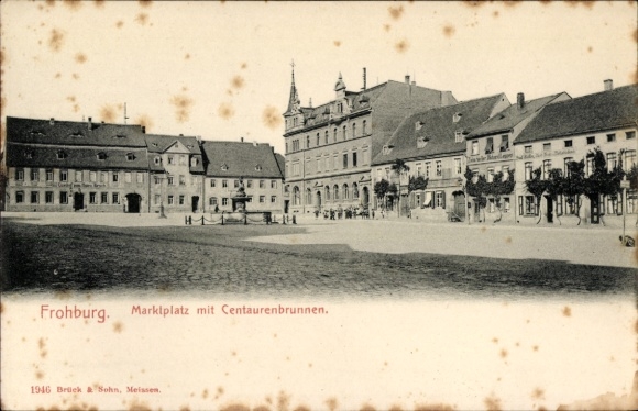 Postcard Frohburg in Saxony, Market Square, Centaur Fountain