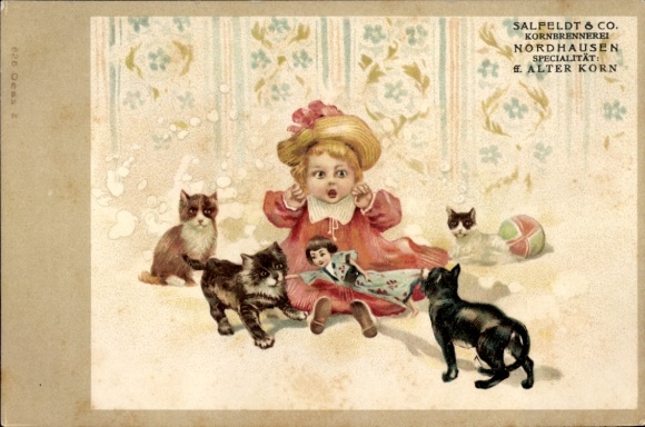 Litho Mädchen, Katzen, Brennerei Salfeldt & Co., Reklame
