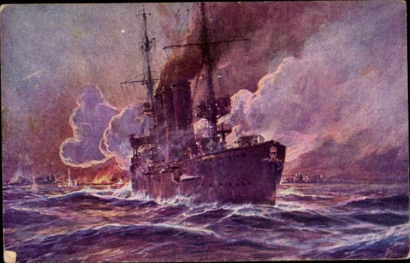 Artist Postcard Stöwer, Willy, SMS Emden bombards Madras, cruiser, Imperial Navy, I. WK