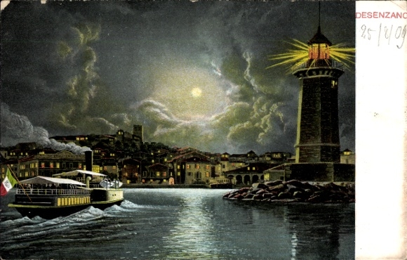 Moonlight Postcard Desenzano del Garda Lombardia, steamer, lighthouse