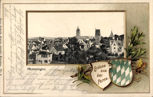 Embossed passepartout coat of arms Postcard Memmingen in Swabia, overall view