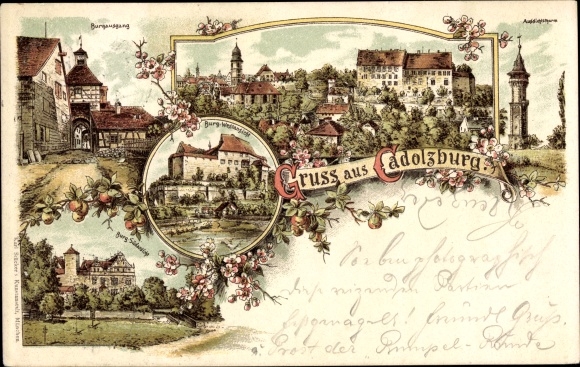 litho Cadolzburg in het district Fürth Midden-Franken, burchtuitgang, uitkijktoren, algemeen uitzicht