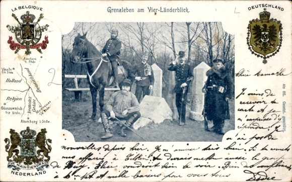 Coat of arms Postcard Grenzleben at Vierländerblick, border guards, Germany, Belgium, Holland