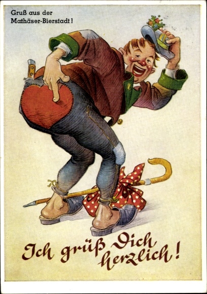 Artist Postcard I greet you warmly, Oktoberfest, Mathäser Bierstadt, man with patched trousers