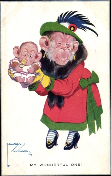 Artist Postcard Wood, Lawson, My wonderful one, ape humanized, mother, child, chimpanzee