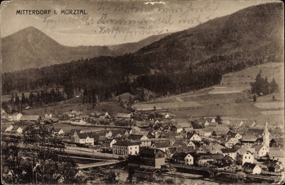 PC Mitterdorf im Mürztal Styria, total view of the village, train station, track side