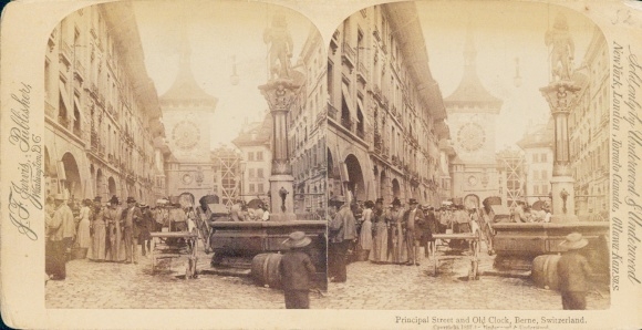 Stereo photo Bern city Switzerland, main street, clock tower