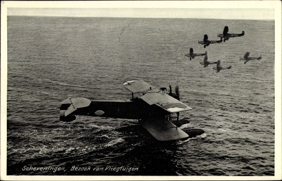 Postcard Scheveningen The Hague Südholland, Visit of Aircraft, niederländisches Wasserflugzeug