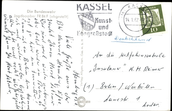 Postcard Bundeswehr, fighter-bomber FR 84 F, military aircraft