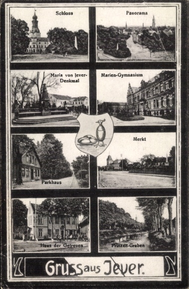 Postcard Jever in Friesland, castle, parking garage, house of the faithful, Prinzen-Graben, Marien-Gymnasium