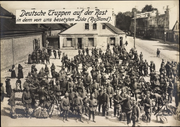 Foto Lida Wit-Rusland, Duitse troepen rusten, soldaten, groepsfoto, Eerste Wereldoorlog