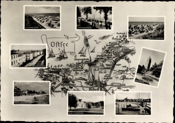Postcard Börgerende Rethwisch on the Baltic Sea, map of the cities: Rostock, Warnemünde, Kühlungsborn, Graa