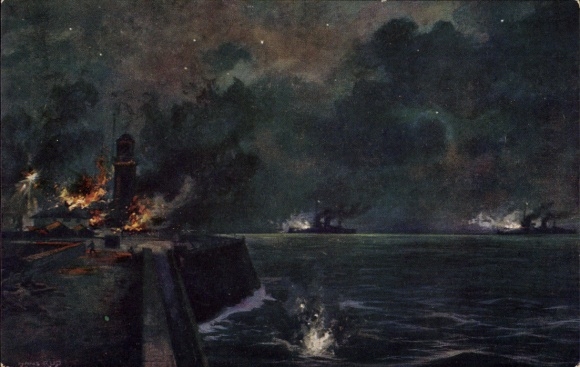 Künstler Ak Schulze, Hans Rudolf, Deutsches Kreuzergeschwader bombardiert Hartlepool 1914