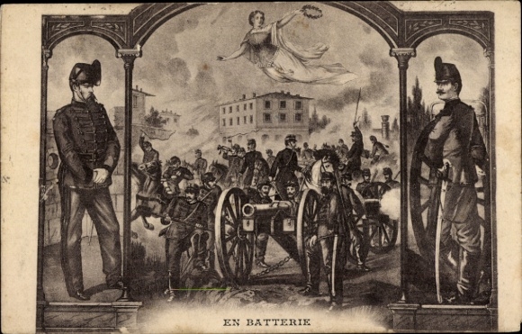 Postcard Two soldiers in uniform flanking a cannon