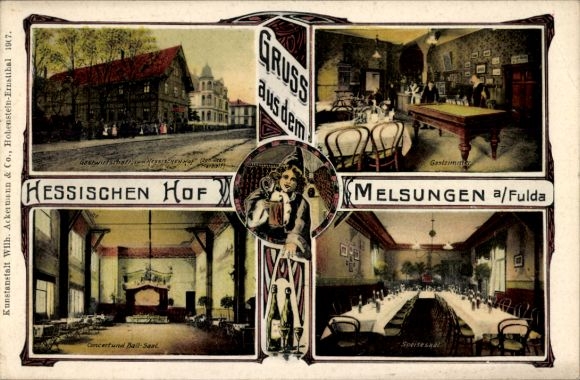 Postcard Melsungen in Hessen, Gasthaus Hessischer Hof, hall, guest room, billiards