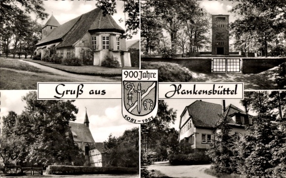 Postcard Hankensbüttel in Lower Saxony, church, monument, inn, coat of arms