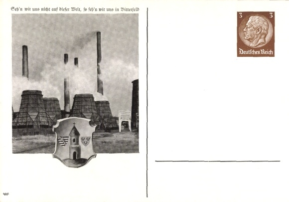 Postal stationery Postcard Bitterfeld in Saxony Anhalt, factory, coat of arms
