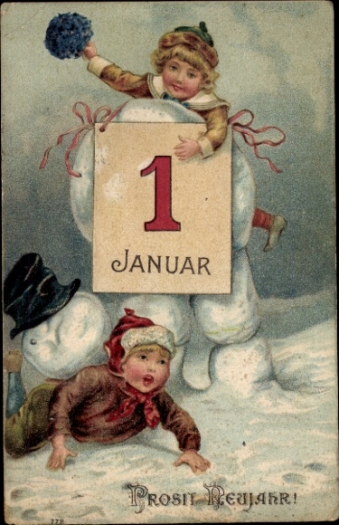 Reliëf Ak Gefeliciteerd Nieuwjaar, kinderen, kalender, sneeuwpop