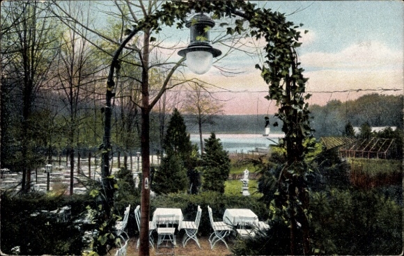Postcard Berlin Zehlendorf, Krumme Lanke Inn at Grunewald, owner Ernst Patermann, terrace