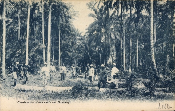 Postcard Dahomey Benin, construction of a road