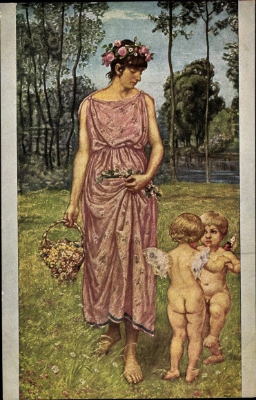 Artist PC Thoma, Hans, woman in pink dress, two angels, Cupid