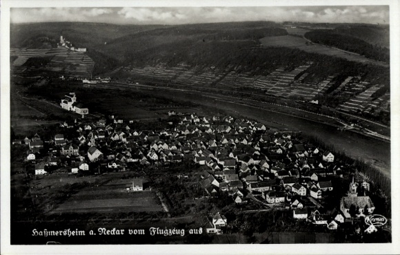 Postcard Haßmersheim in Baden Württemberg, aerial view of Nedar, landscape, houses