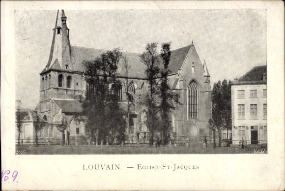 KP Louvain Leuven Brabancja Flamandzka, Eglise St. Jacques, kościół, drzewa,