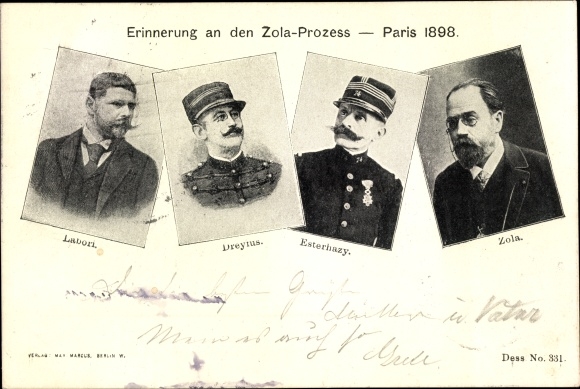 Postcard Zola trial 1898, Labori, Dreyfus, Esterhazy, writer Emile Zola