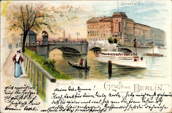Ak Berlin Tiergarten Moabit, Spreehallen, Moabiter Brücke, Boot auf dem Wasser, Spaziergänger