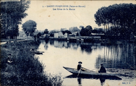 Ak Lagny sur Marne Seine et Marne, Steg am Fluss, Boot auf der Marne, Häuser am Ufer, Bäume