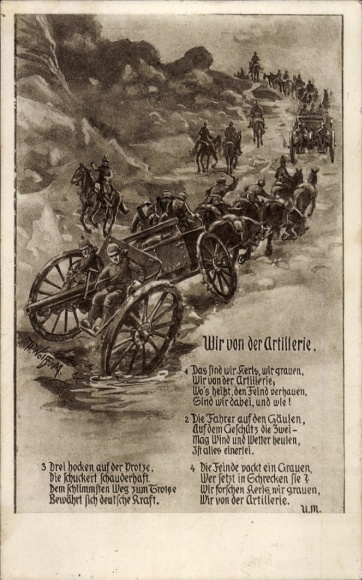 Postcard Dresden Bühlau, artillery 3 soldiers on a carriage, horses in front, mountains in the background